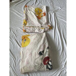 Vintage Tweety Bird & Sylvester Twin Flat Sheet Warner Bros 90s Cartoon White Pi